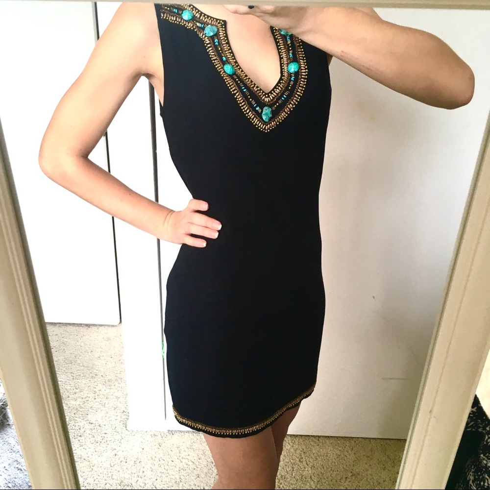 Black Turquoise & Gold Beaded Bodycon Dress